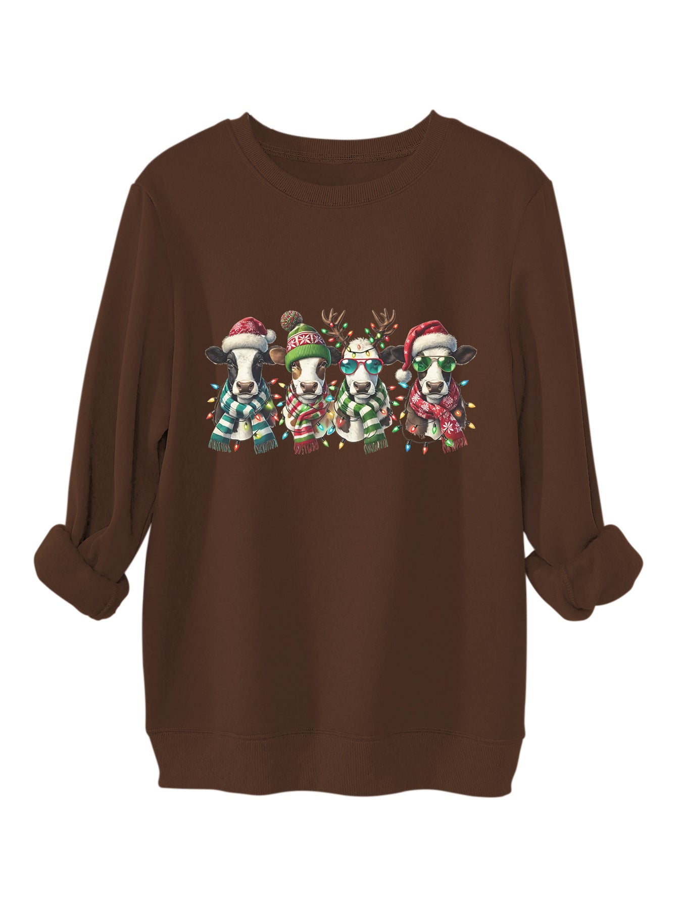 Four cows wearing hats scarves thick hoodies