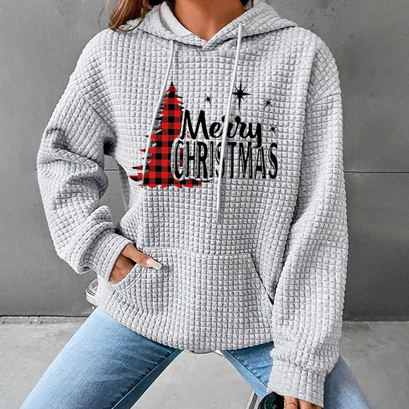 Waffle Christmas Tree Pattern Printed Hoodie Sweatshirt Sweatshirt