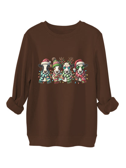 Four cows wearing hats scarves thick hoodies