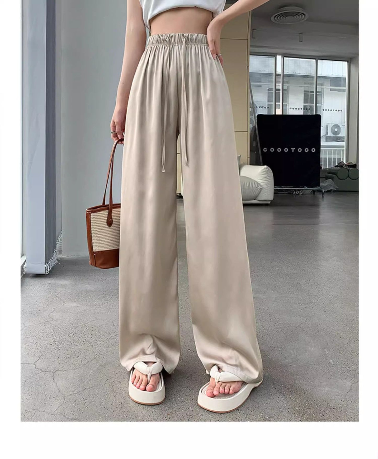 Women's Pants Summer Thin High Waist Leisure Sunscreen Ice Silk Satin Wide Leg Straight Trousers