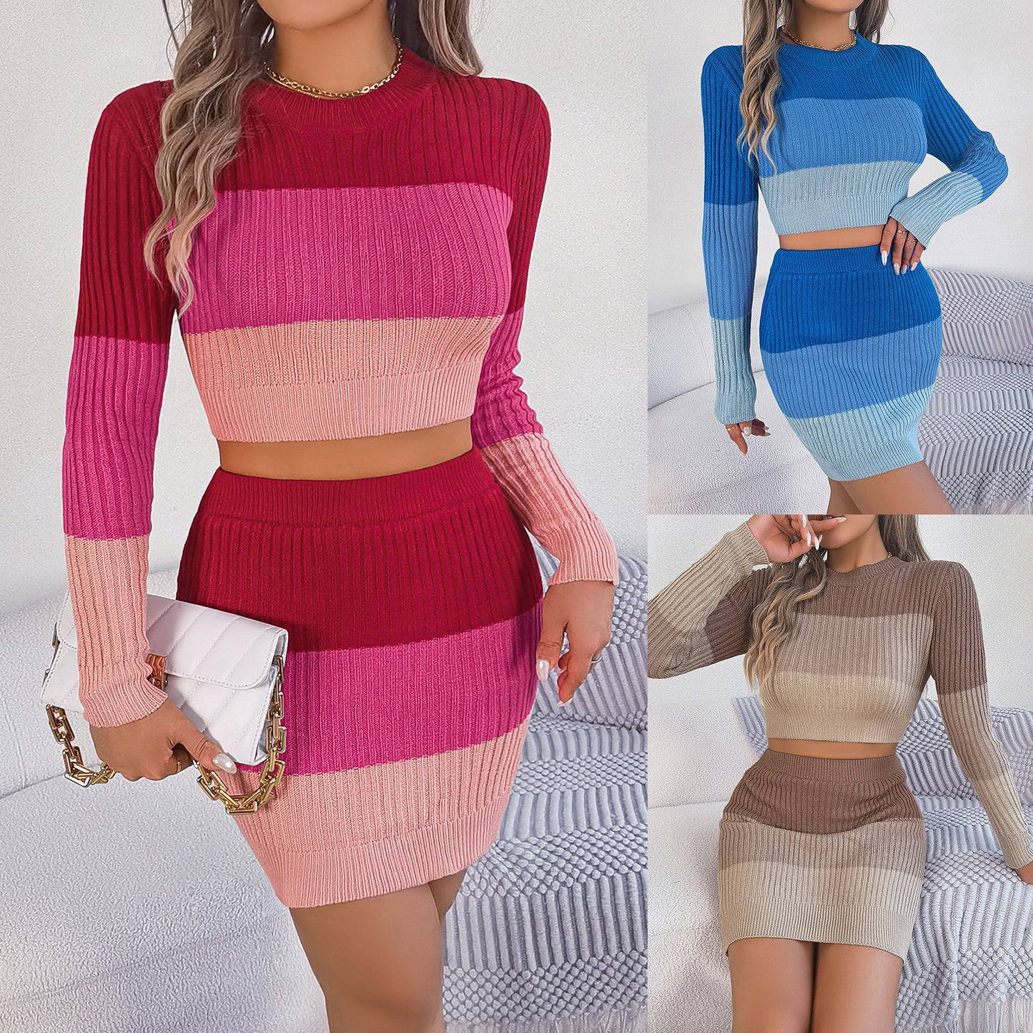 Color blocked long sleeved crop top hip hugging skirt knitted suit