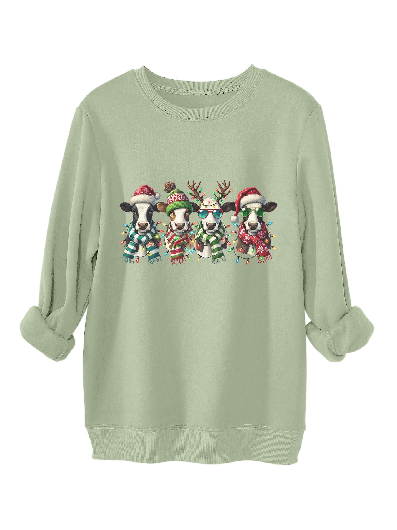 Four cows wearing hats scarves thick hoodies