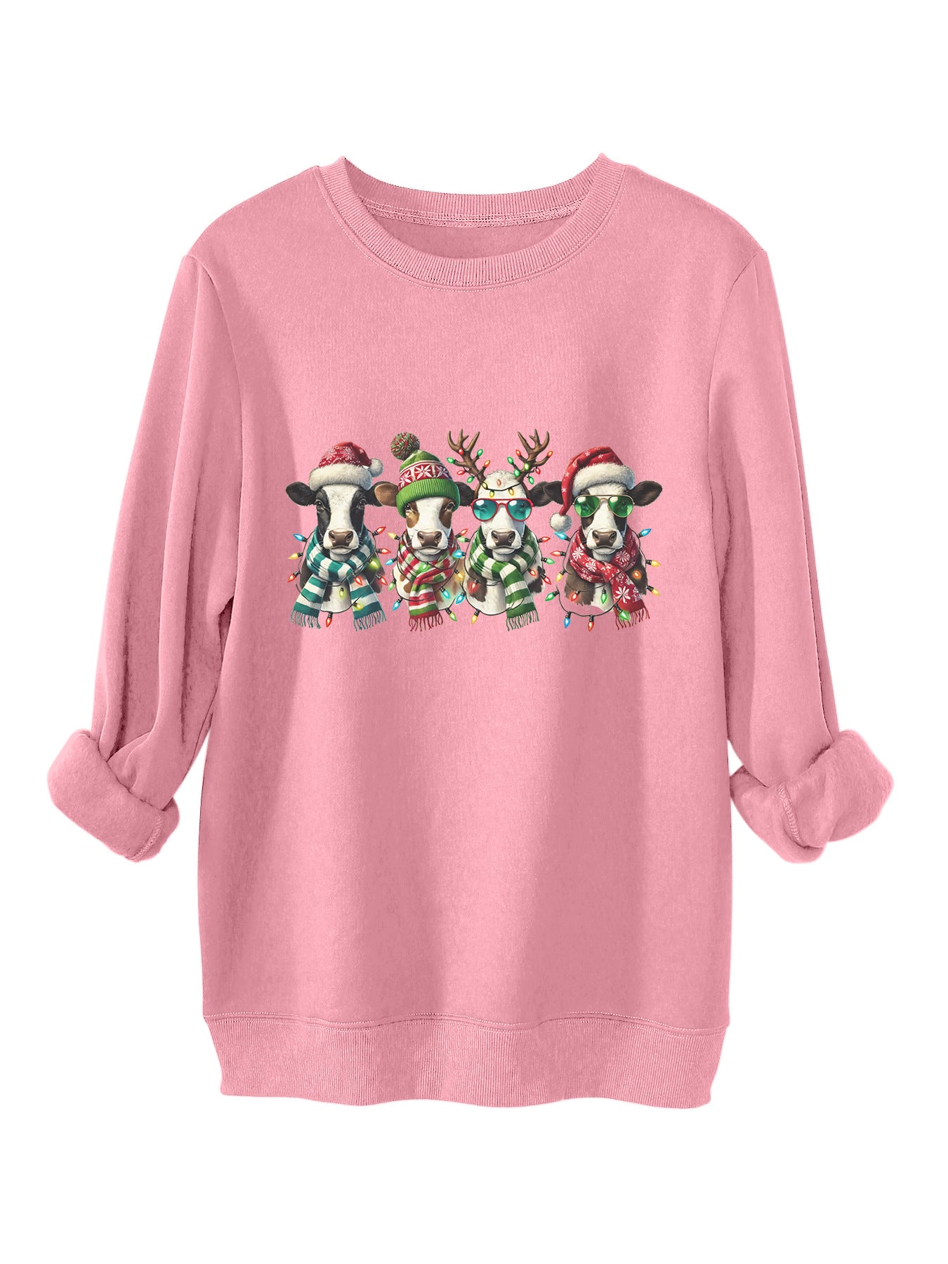 Four cows wearing hats scarves thick hoodies