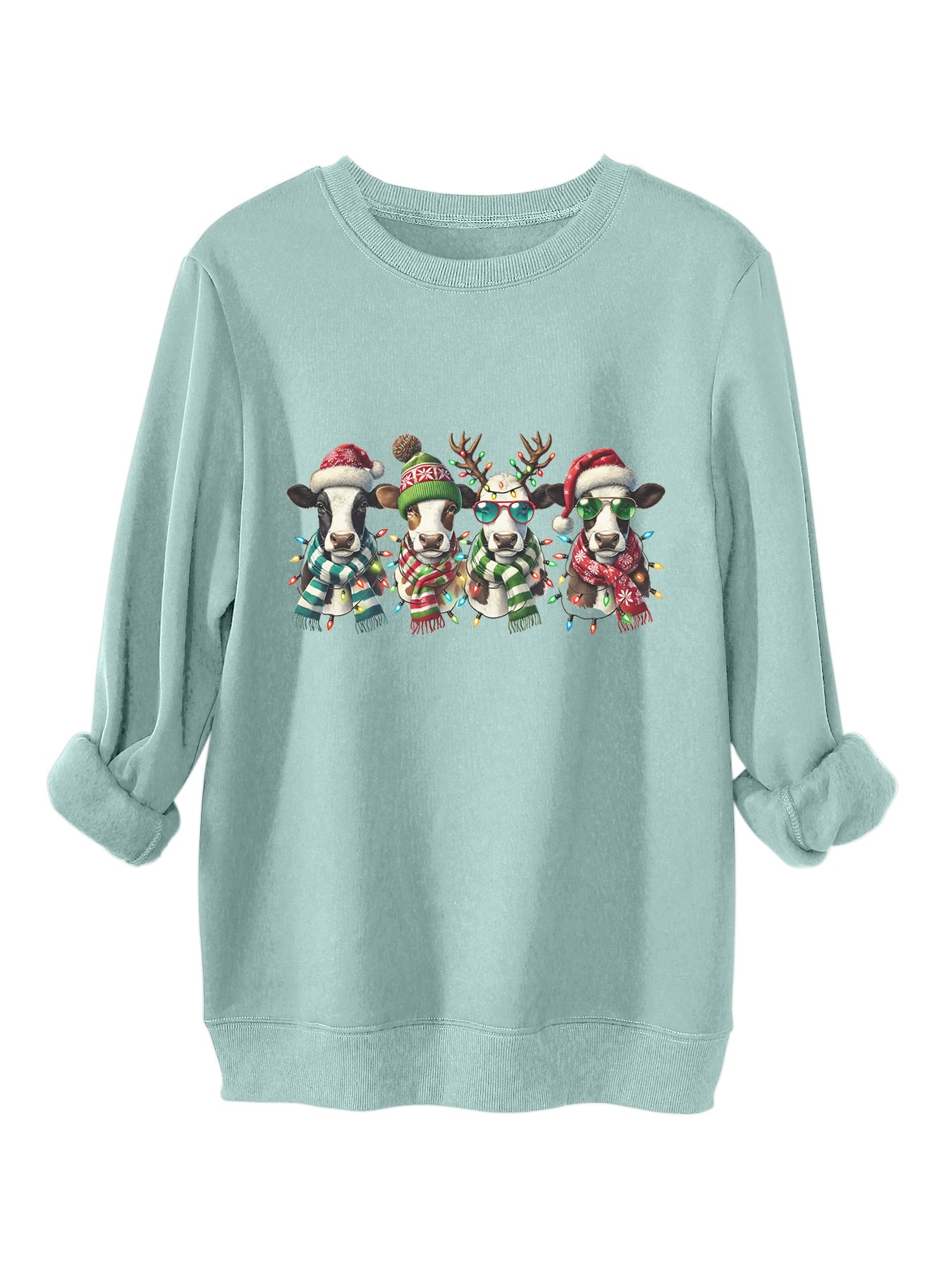 Four cows wearing hats scarves thick hoodies