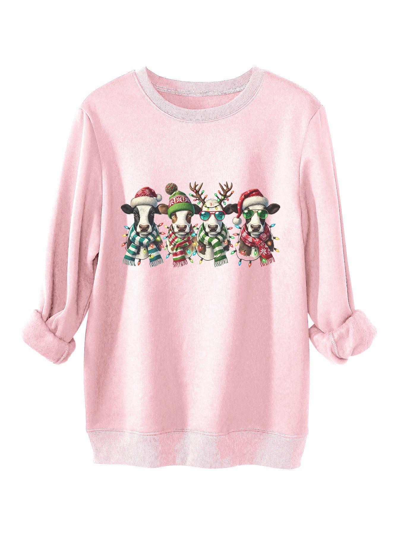 Four cows wearing hats scarves thick hoodies