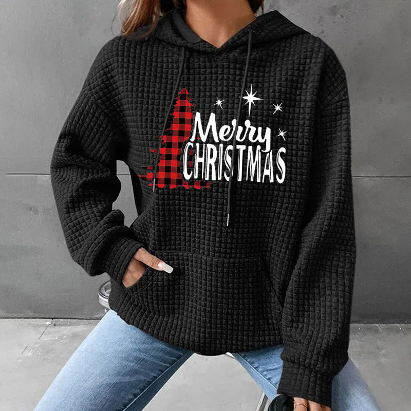 Waffle Christmas Tree Pattern Printed Hoodie Sweatshirt Sweatshirt