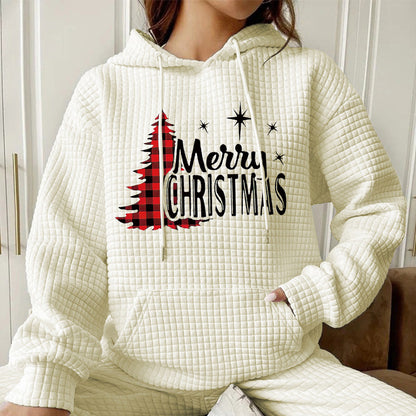 Waffle Christmas Tree Pattern Printed Hoodie Sweatshirt Sweatshirt