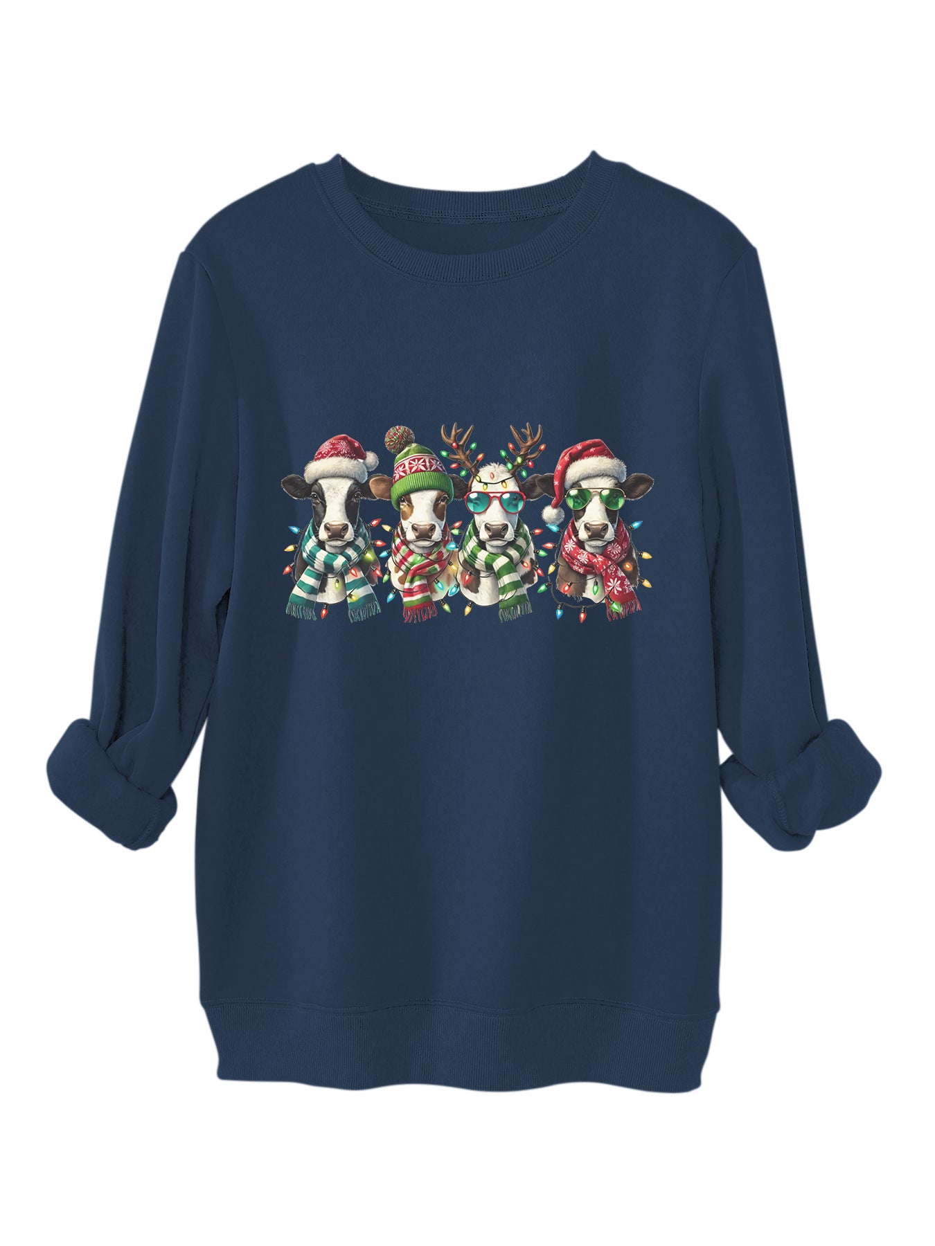 Four cows wearing hats scarves thick hoodies