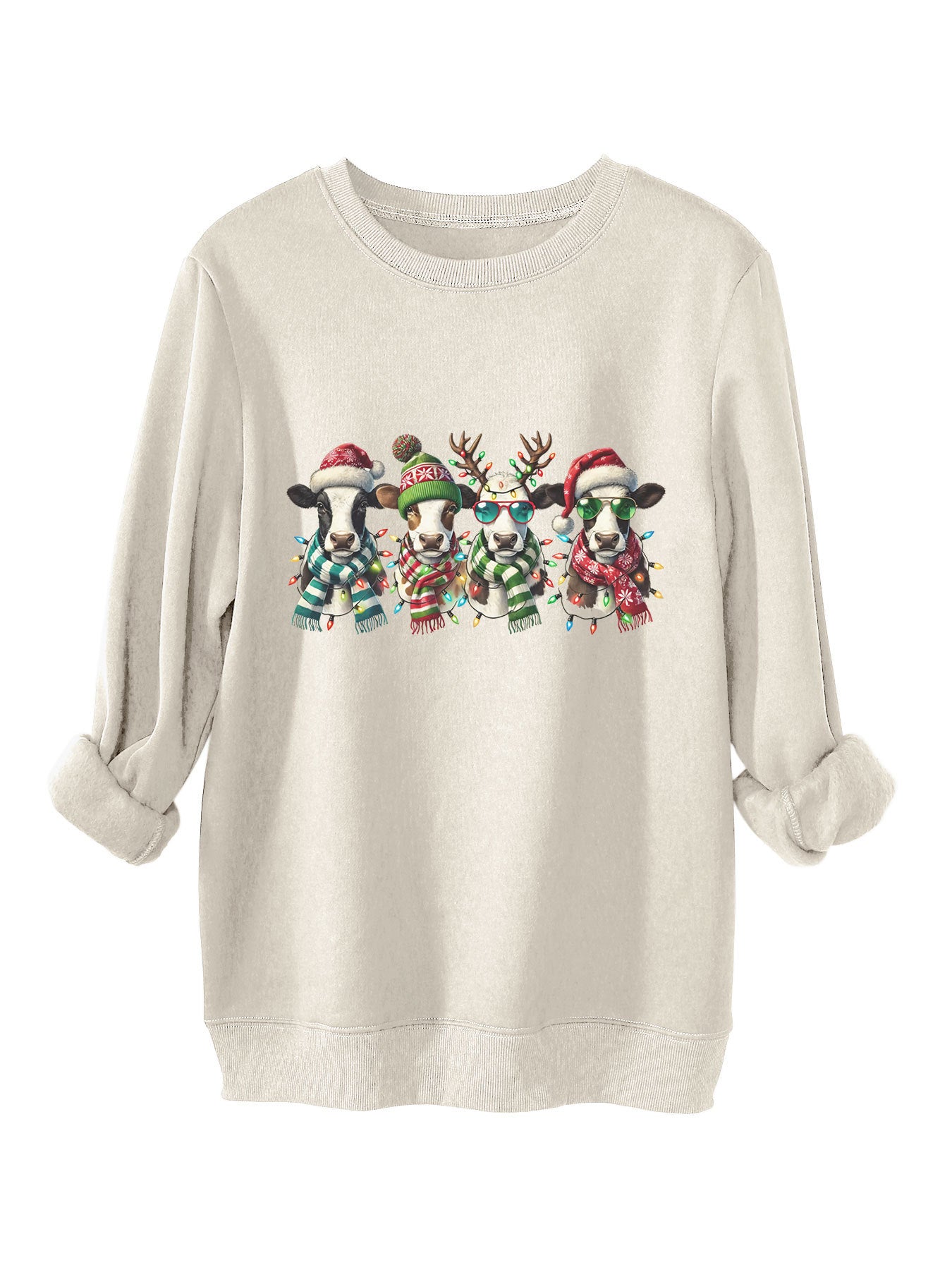 Four cows wearing hats scarves thick hoodies